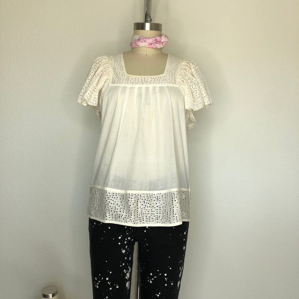 Anthro X Pepin Flutter Eyelet Lace Sleeve Square T